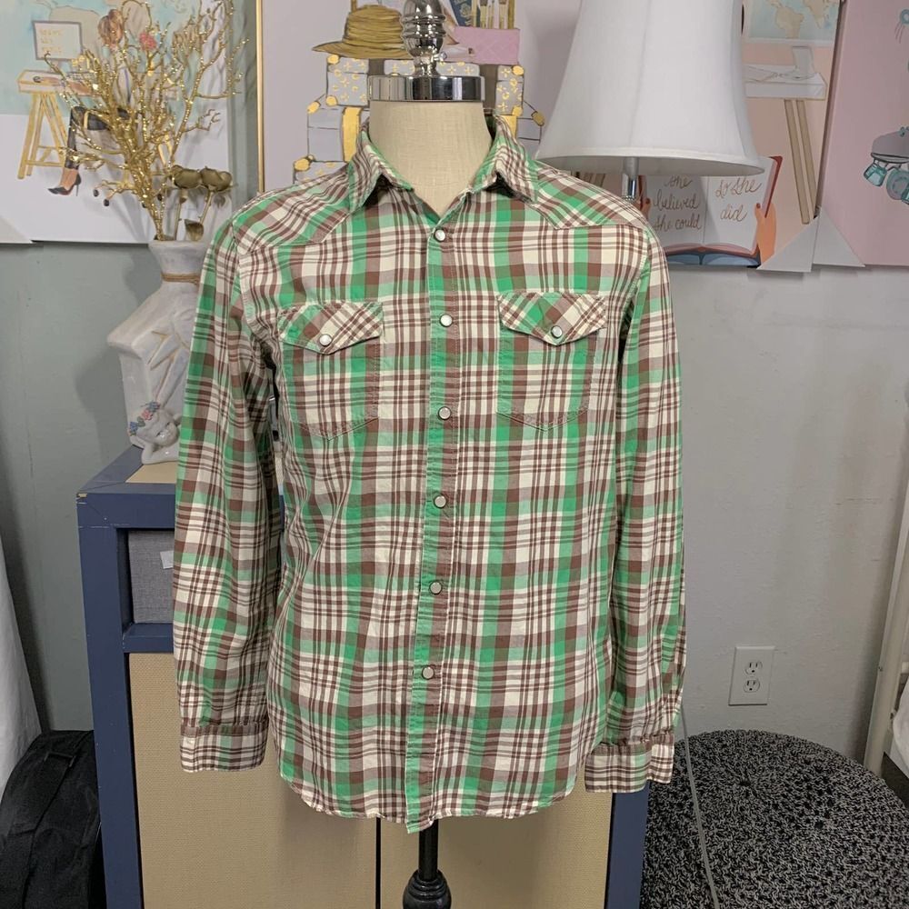 HERITAGE 1981 100% cotton green brown plaid snap  long sleeve shirt top s mens